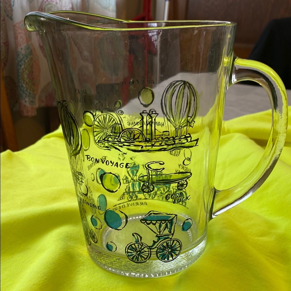 Vintage Mid Century Bon Voyage Train Travel Themed Clear Glass Pitcher - Picture 7 of 9